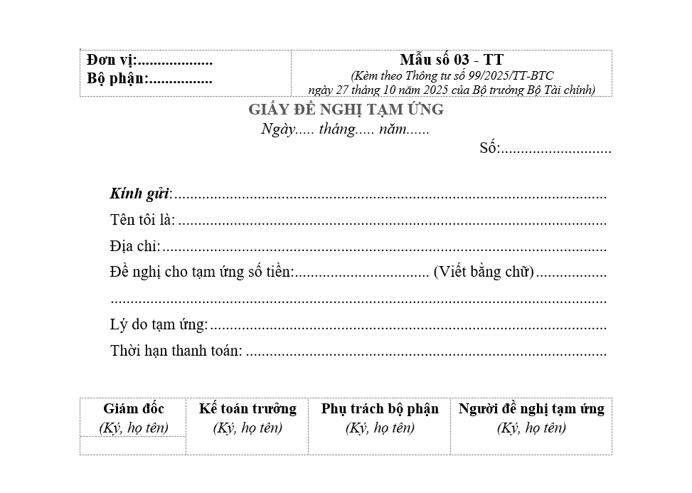 Mẫu đề nghị tạm ứng