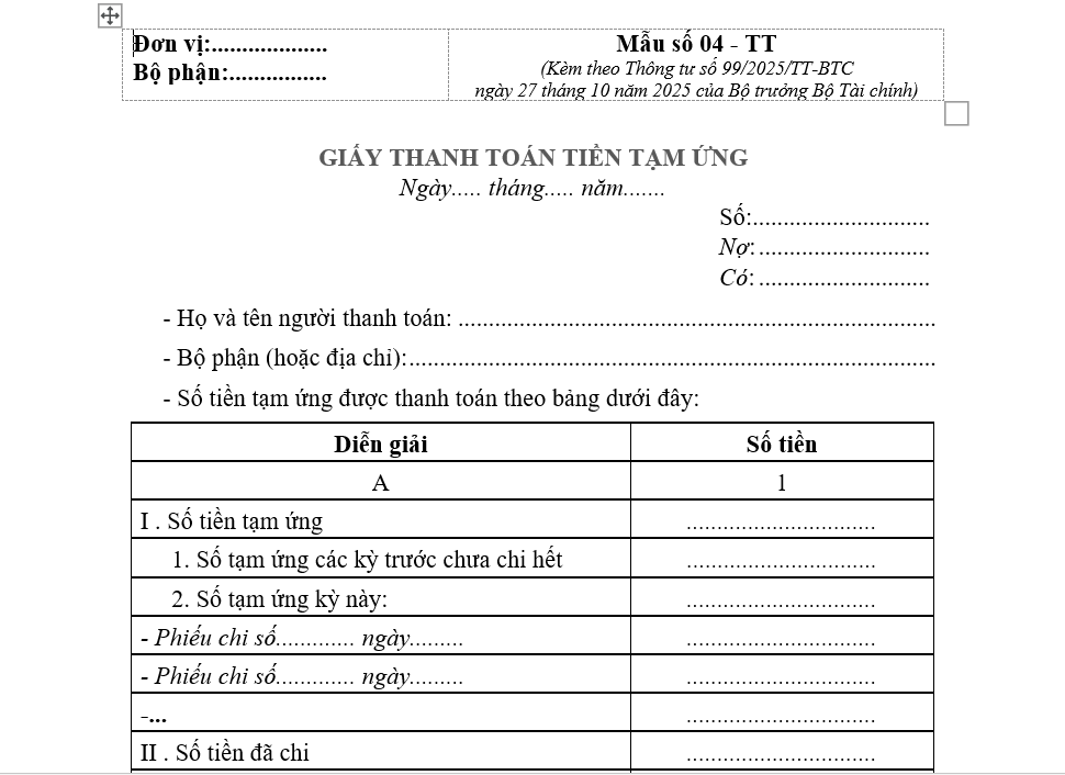 Mẫu giấy thanh toán tiền tạm ứng