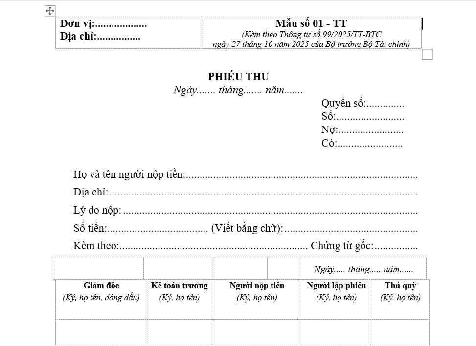 Mẫu phiếu thu