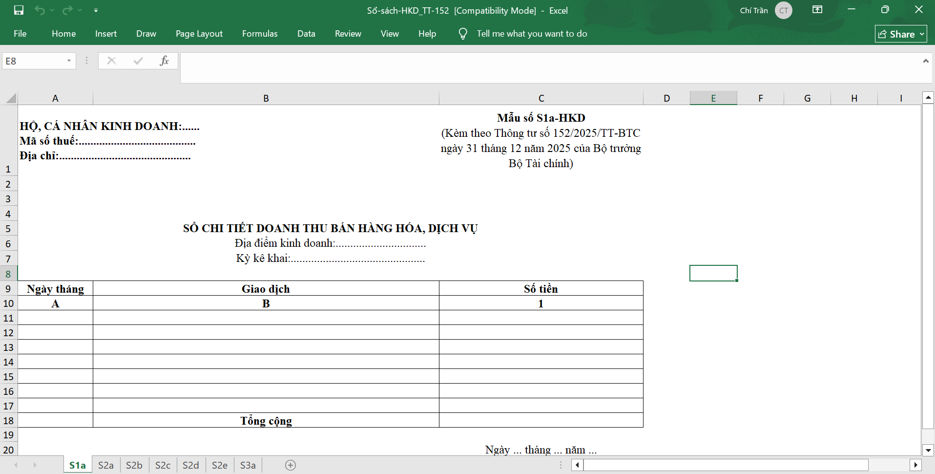 Mẫu sổ sách hộ kinh doanh theo thông tư 152/2025/TT-BTC