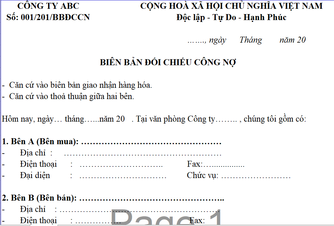 Mẫu biên bản đối chiếu công nợ