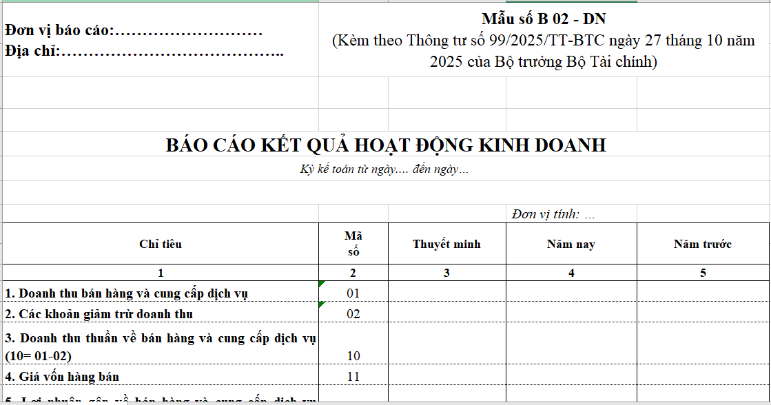 Mẫu BCTC theo thông tư 99